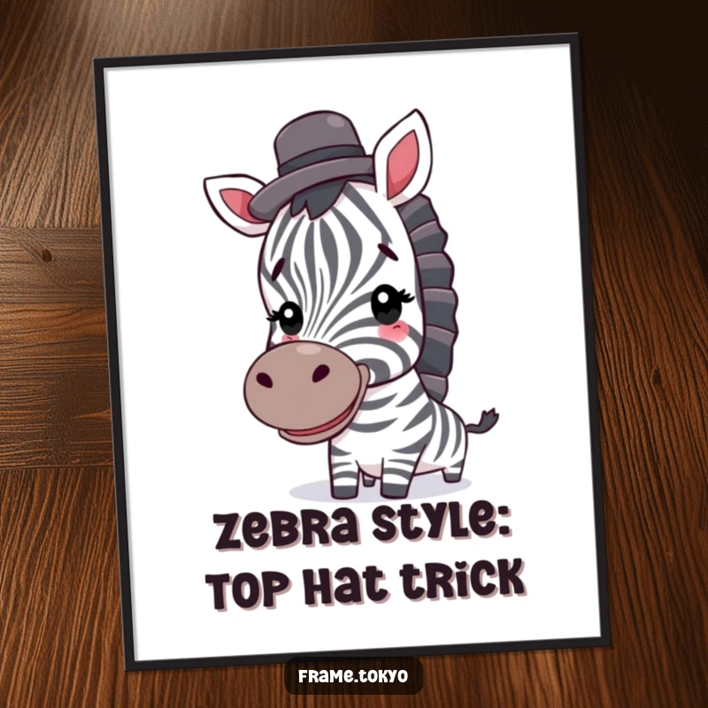 Funny Free Printable Wall Art: A smiling zebra balances a tiny top hat, bringing sophisticated humor and charm to any wall.