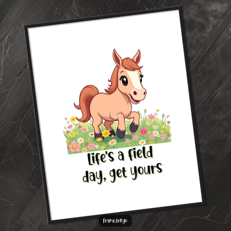 Funny Free Printable Wall Art: A horse with wide, excited eyes is bucking playfully in a lush field of blooming flowers.