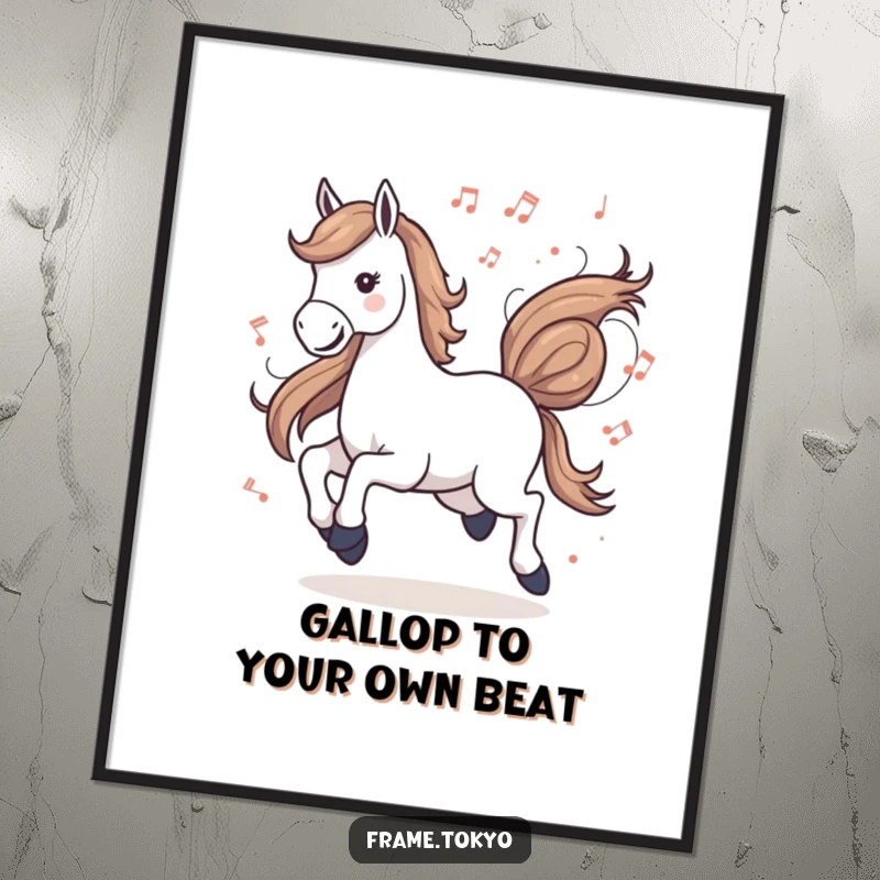 Funny Free Printable Wall Art: A horse gallops with pure happiness, surrounded by swirling, abstract musical notes, creating a lively scene.