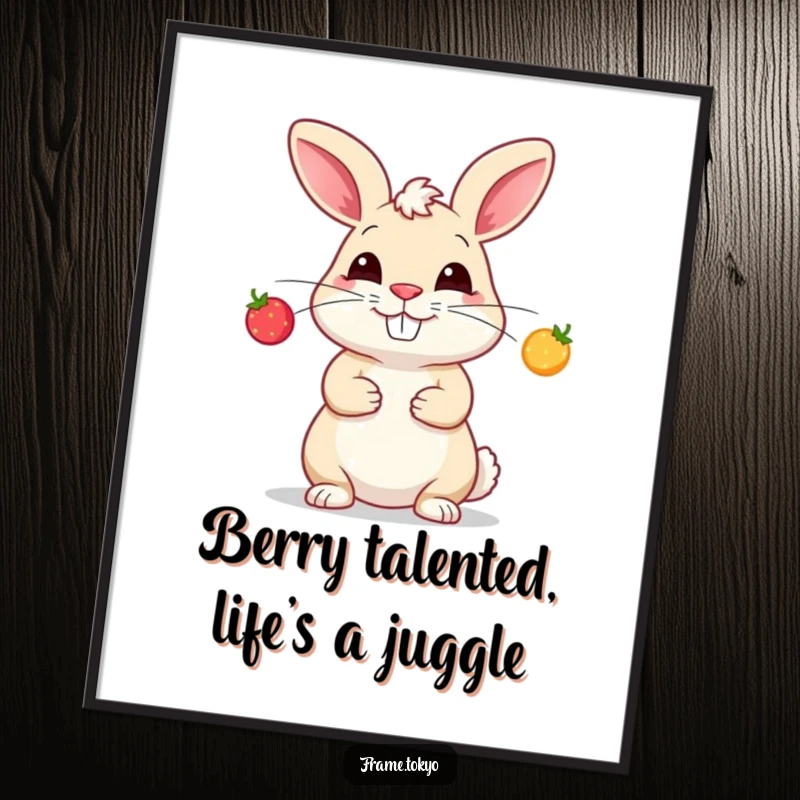 Funny Free Printable Wall Art: A rabbit with a silly grin juggling three tiny, glowing berries, humorous downloadable illustration.