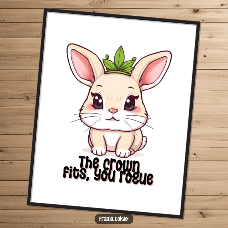 Funny Free Printable Wall Art: A cute rabbit sporting a tiny leaf crown, giving a knowing, mischievous sideways glance.