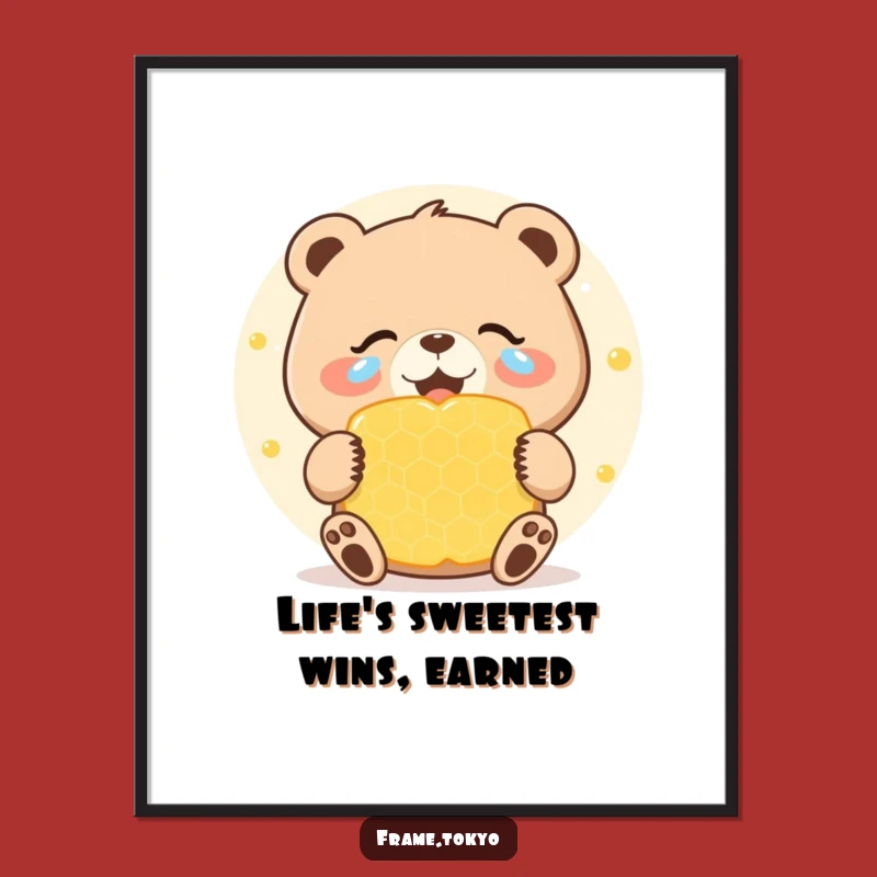 Decorate with delight using this free printable wall art, easy to print at home. Features a bear's tearful celebration with a giant honeycomb.