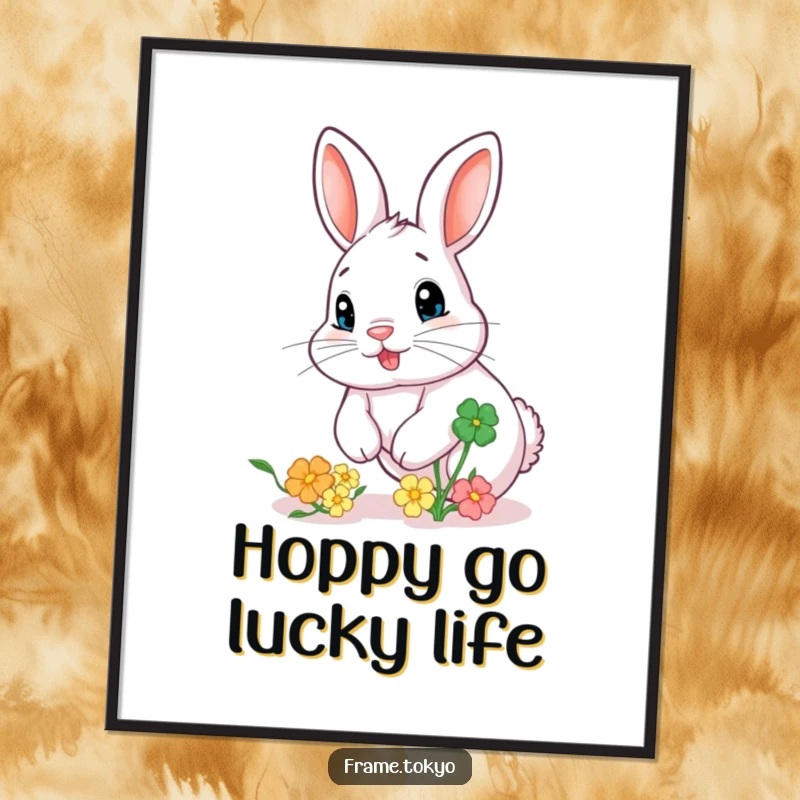 Funny Free Printable Wall Art: A rabbit with a nose twitch chases a large, bouncing clover, bringing whimsical energy.