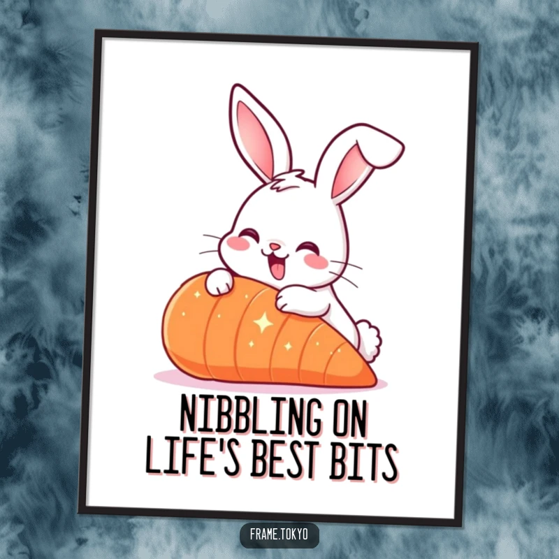 Funny Free Printable Wall Art: Smiling rabbit with long ears, nibbling a giant sparkling carrot, cute bunny illustration.