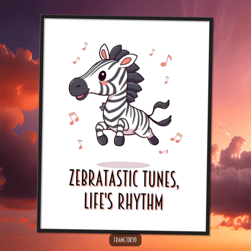 Funny Free Printable Wall Art: A zebra mid-leap, surrounded by abstract musical notes, exuding pure, unadulterated joy and energy.