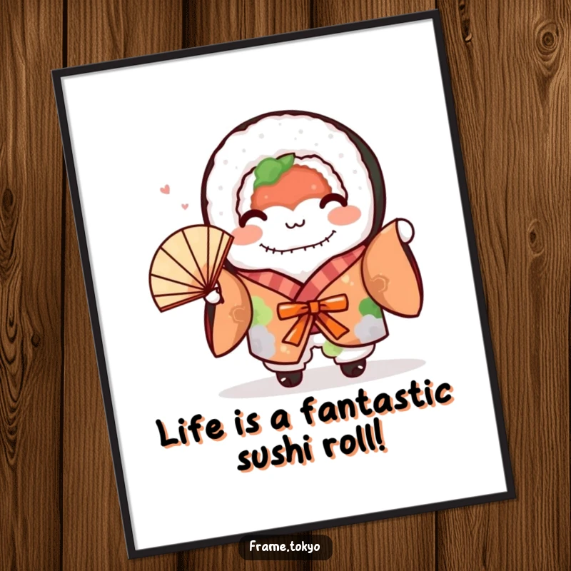 Funny Free Printable Sushi Wall Art: A cute sushi roll in a vibrant kimono, excitedly waving a small fan, adding playful decor.