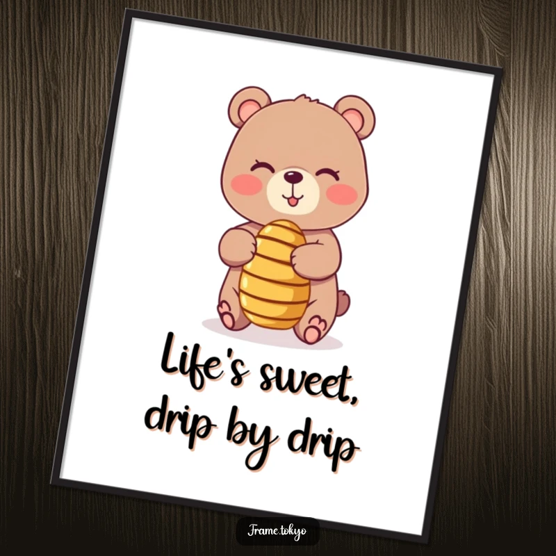 Funny Free Printable Wall Art: A bear with a mischievous wink balances a tiny, spinning honey dipper, creating a charming and humorous scene.