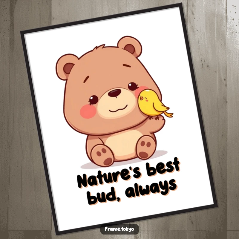 Funny Free Printable Wall Art: A dopey bear with a wide smile is gently nudged by a small, happy bird, radiating charm and humor.