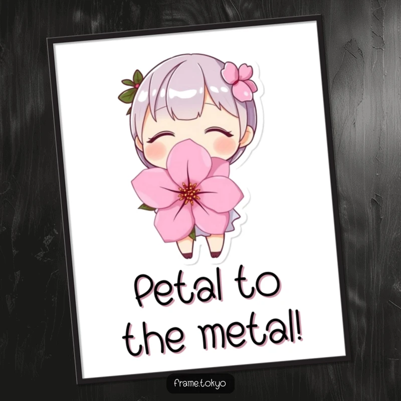 Funny Free Printable Wall Art depicting a character with eyes closed in pure bliss, holding an oversized, radiant cherry blossom.