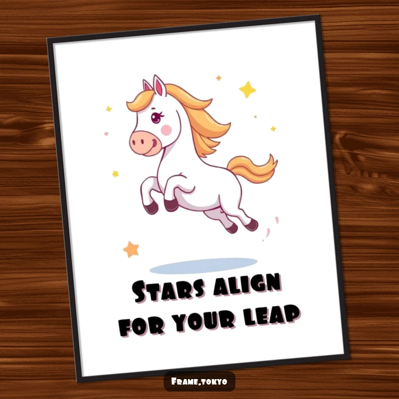 Funny Free Printable Wall Art: A horse in a massive, jubilant jump with abstract stars scattering dynamically.