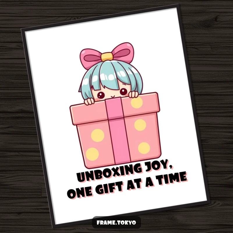 Funny Free Printable Wall Art: A comical character peeking from behind a large, colorful gift box, adding playful charm.