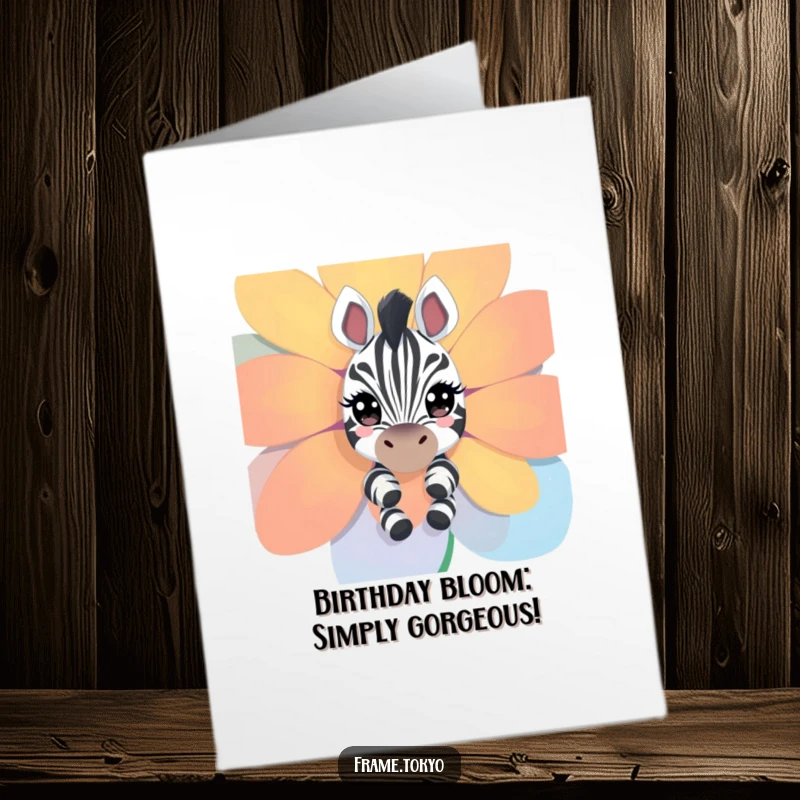 Funny Free Printable Birthday Card: A curious zebra peeks around a giant colorful flower with sparkling eyes.