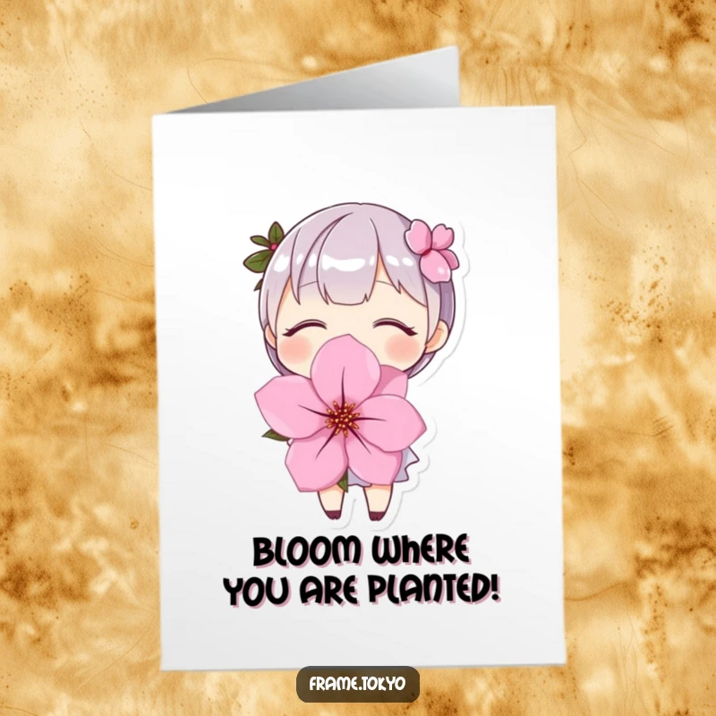 Funny Free Printable Birthday Card featuring a blissfully smiling character holding a giant, vibrant cherry blossom, radiating happiness.