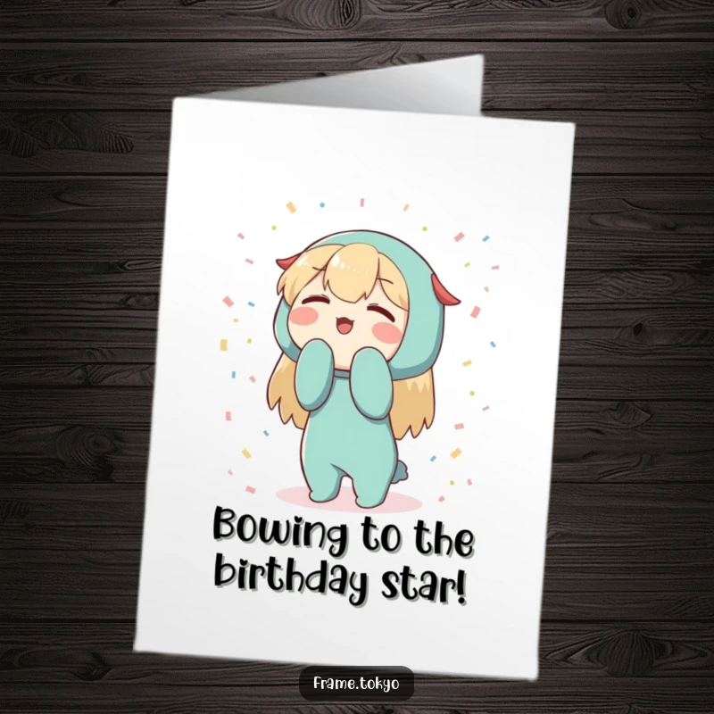 Funny Free Printable Birthday Card showing a character enthusiastically bowing amidst tiny, abstract confetti.
