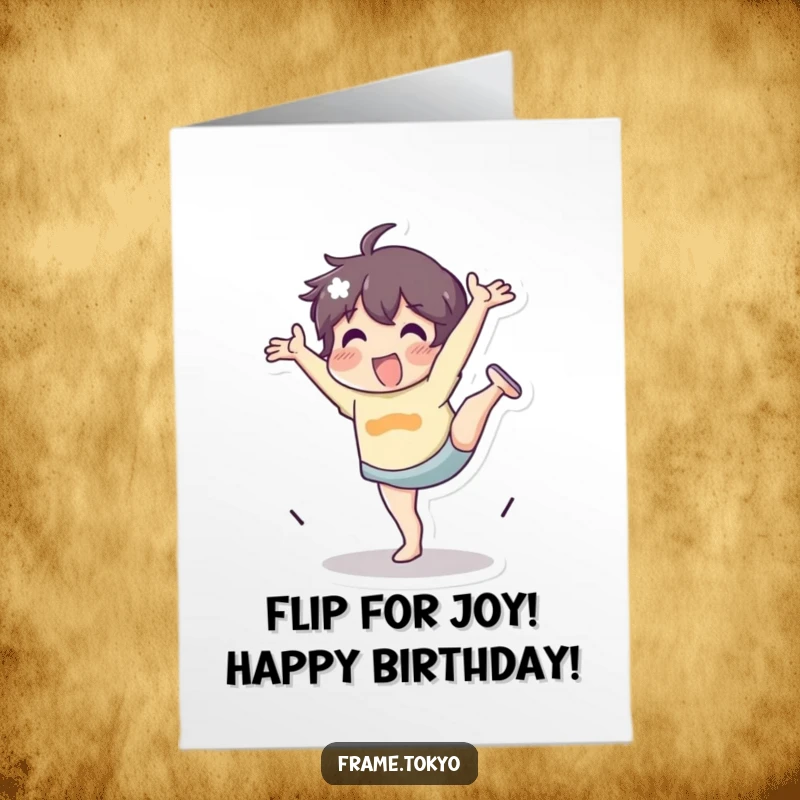Funny Free Printable Birthday Card: Character performing a cartwheel with wild, energetic enthusiasm and a huge grin.