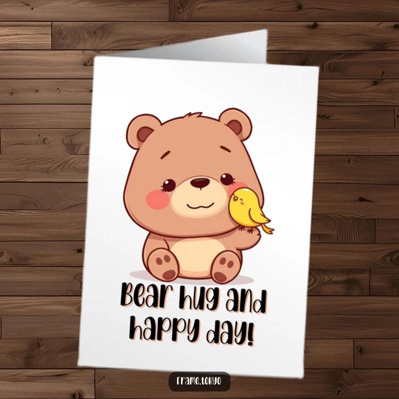 Funny Free Printable Birthday Card: A dopey bear smiles as a tiny bird gently nudges him, creating a heartwarming and humorous scene.