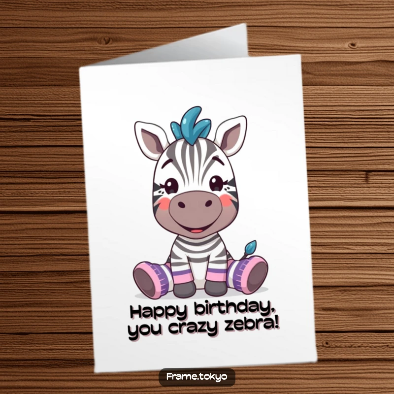 Funny Free Printable Birthday Card: Zany zebra with a huge grin, sporting ridiculously oversized, mismatched socks, ready for fun.
