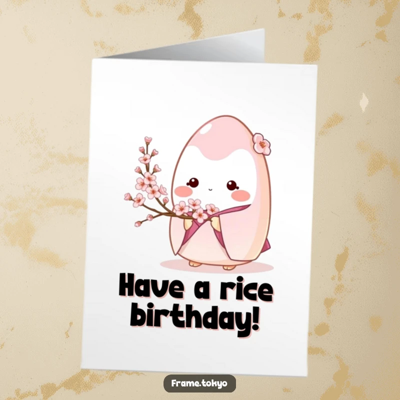 Funny Free Printable Onigiri Birthday Card: Shy onigiri character in a kimono holding a delicate cherry blossom branch, wishing happy birthday.