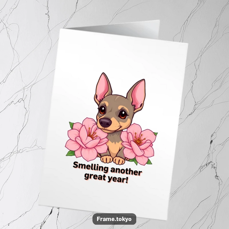 Funny Free Printable Pinscher Birthday Card: A Pinscher tilting its head curiously while sniffing large, colorful flowers.