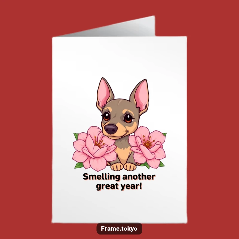 Free Printable Pinscher Birthday Card: Curious Dog, Flower Sniffing, Funny Downloadable Gift