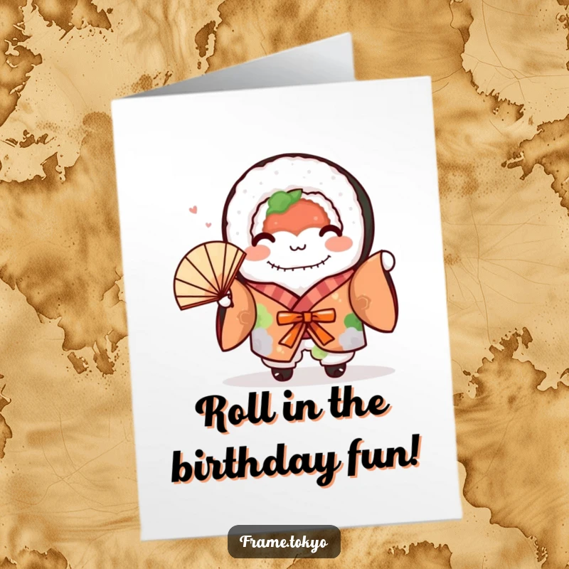 Funny Free Printable Sushi Birthday Card: Cute sushi roll in a colorful kimono, excitedly waving a tiny fan for a festive celebration.