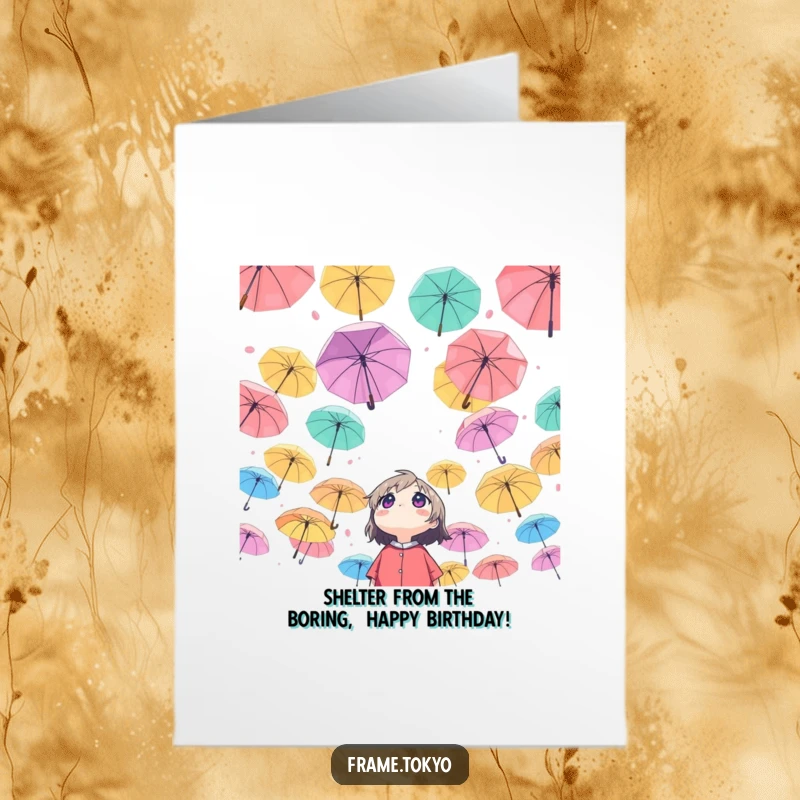 Funny Free Printable Birthday Card showing a character looking up in wonder at a sky filled with floating, colorful umbrellas.