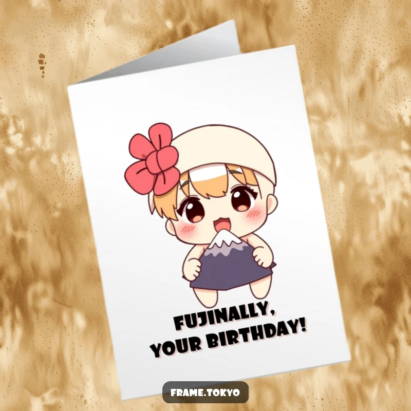 Funny free printable birthday card: A character with a shocked face holds a tiny Mount Fuji, ready for a hilarious celebration.