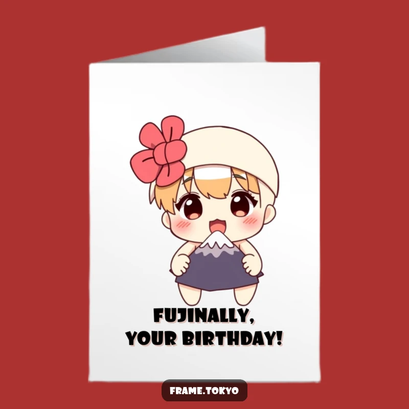 Funny Free Printable Birthday Card: Surprised Character & Tiny Fuji, Downloadable Gift