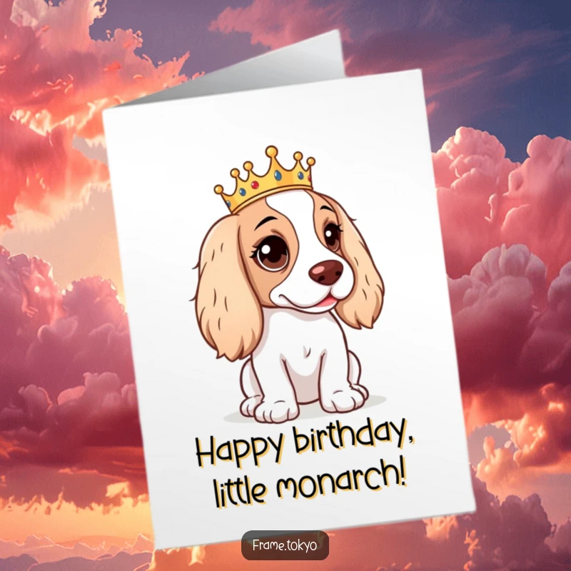 Funny Free Printable Birthday Card: A mischievous spaniel wears a tiny crown with a cheeky glint.