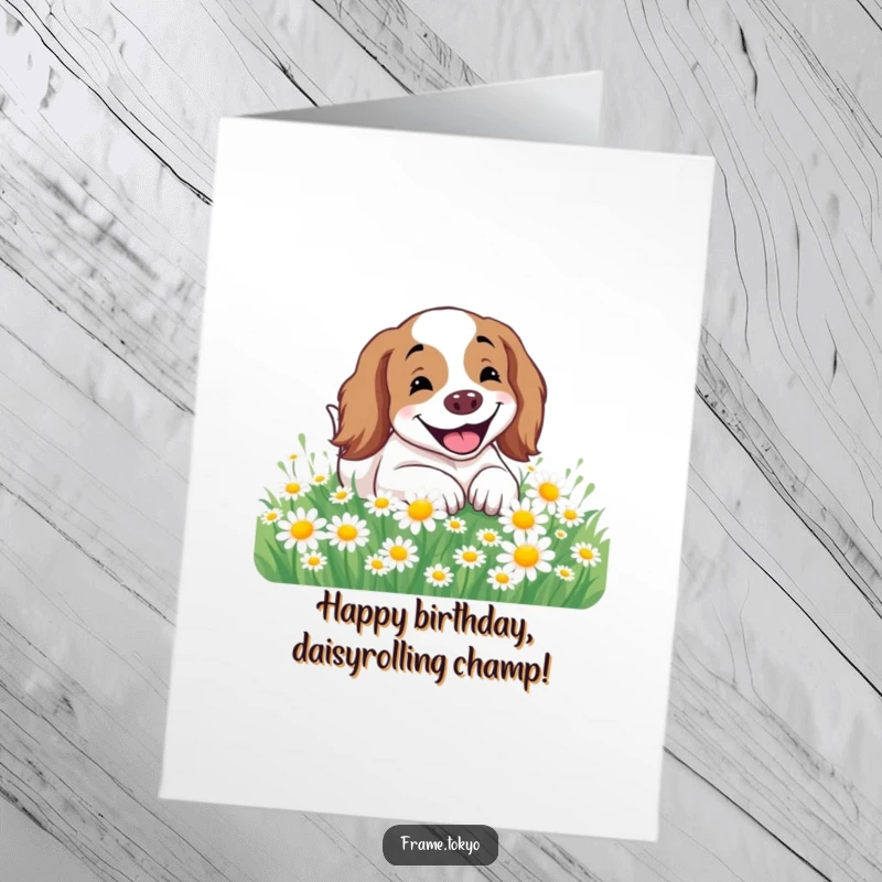 Funny Free Printable Birthday Card: A happy spaniel rolls joyfully in a field of daisies, pure delight.