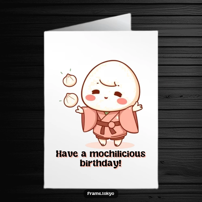 Funny Free Printable Birthday Card: A playful mochi character in a kimono expertly juggles three delicious dumplings, wishing 'Happy Birthday'.