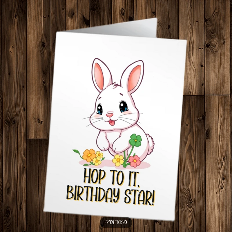 Funny Free Printable Birthday Card: A rabbit playfully twitches its nose, chasing a bouncing, colorful clover for a festive celebration.