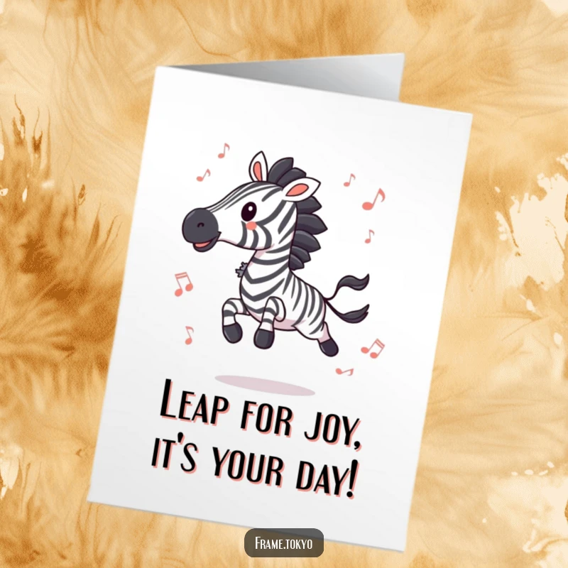 Funny Free Printable Birthday Card: Excited zebra leaping amidst colorful musical notes, spreading joyous birthday vibes.
