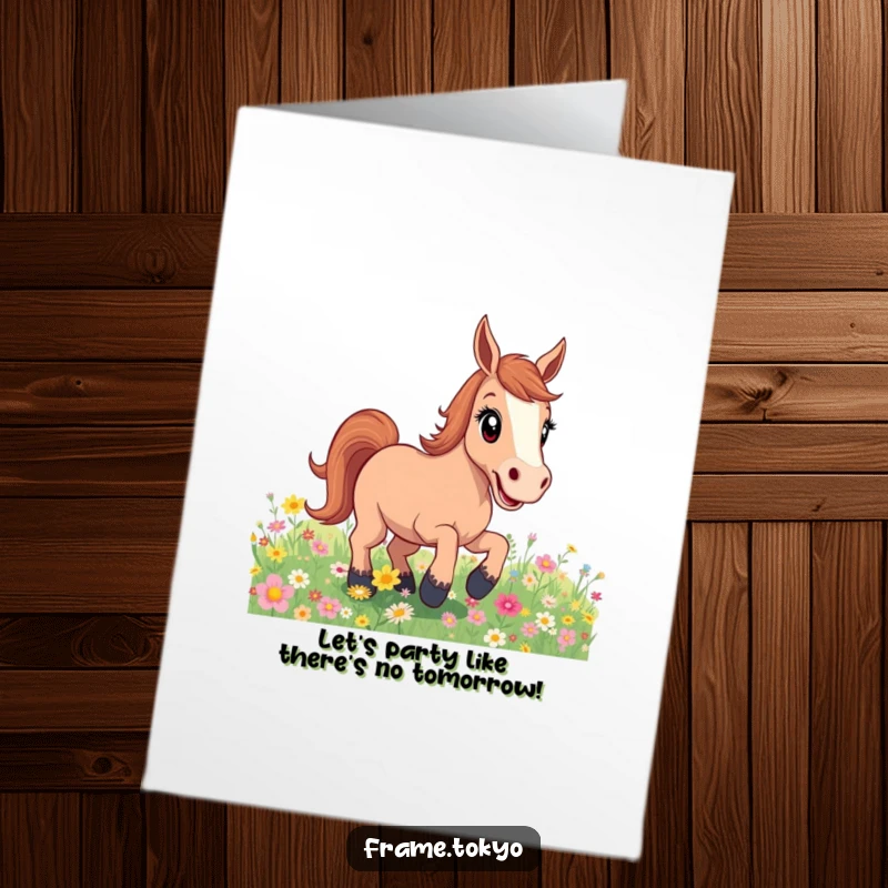 Funny Free Printable Birthday Card: Excited horse with wide eyes, playfully bucking in a field of colorful flowers, full of energy.