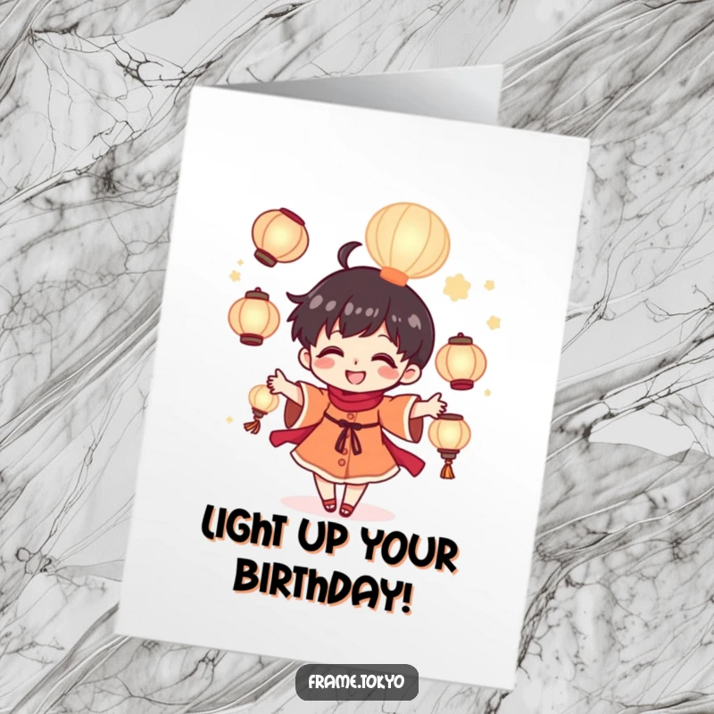 Funny Free Printable Birthday Card: A small, joyful character skillfully juggles several brightly glowing lanterns.