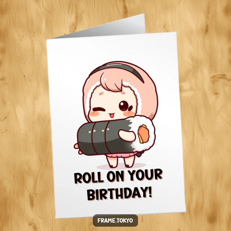 Funny free printable birthday card: A playful character winks while holding a long sushi roll, ready to celebrate.