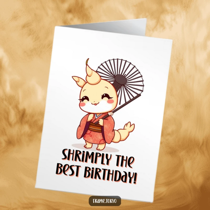 Funny Free Printable Birthday Card: Kawaii tempura shrimp in a kimono peeking shyly from behind a fan, wishing a 'Happy Birthday'.