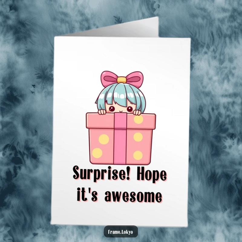 Funny Free Printable Birthday Card: Adorable character peeking from behind a large, colorful gift box, ready to surprise.