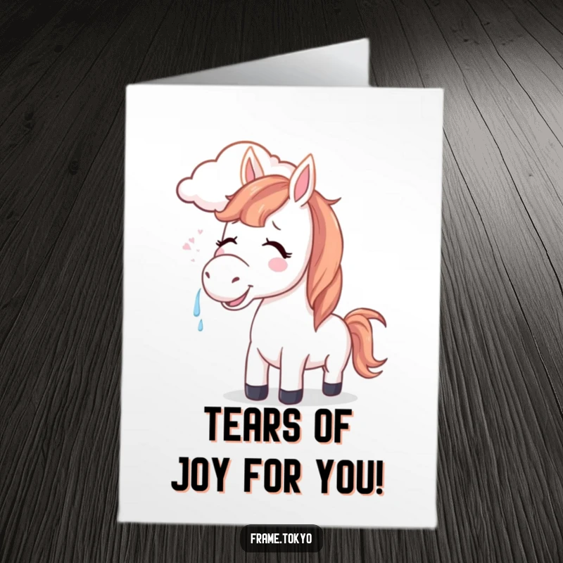 Funny Free Printable Birthday Card: Horse with joyful tears as a smiling cloud gently blows its mane.
