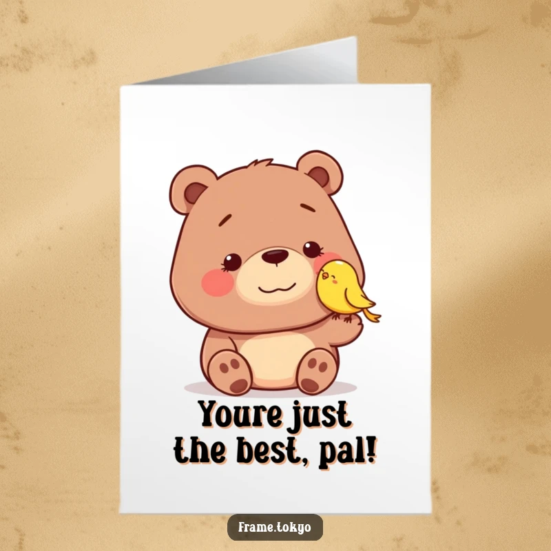 Funny Free Printable Congratulations Card: A dopey bear beams as a tiny bird nudges him, celebrating success with pure, simple joy.