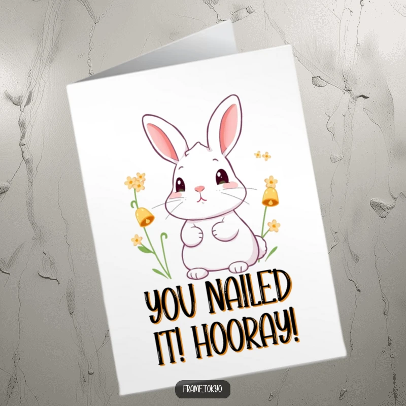 Funny Free Printable Congratulations Card: A rabbit with perked ears listening to delicate flower bells, a humorous celebratory download.