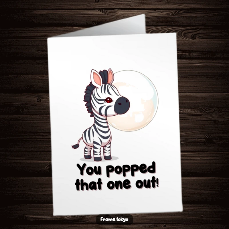 Funny Free Printable Congratulations Card: Amused zebra investigating a giant, shimmering bubble, perfect for any celebration.