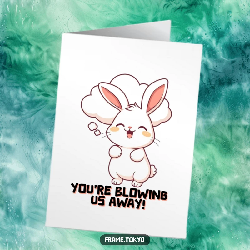 Funny Free Printable Congratulations Card: Rabbit wiggling joyfully, gently blown by a smiling cloud, humorous celebratory download.