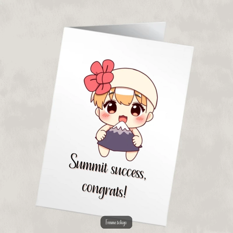 Funny free printable congratulations card: A startled character grips a tiny Mount Fuji, conveying shock and celebration.