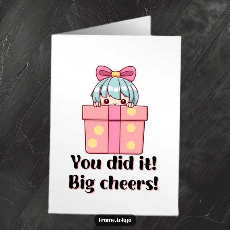 Funny Free Printable Congratulations Card: Shy character peeking from behind a vibrant gift box, adding a playful surprise.