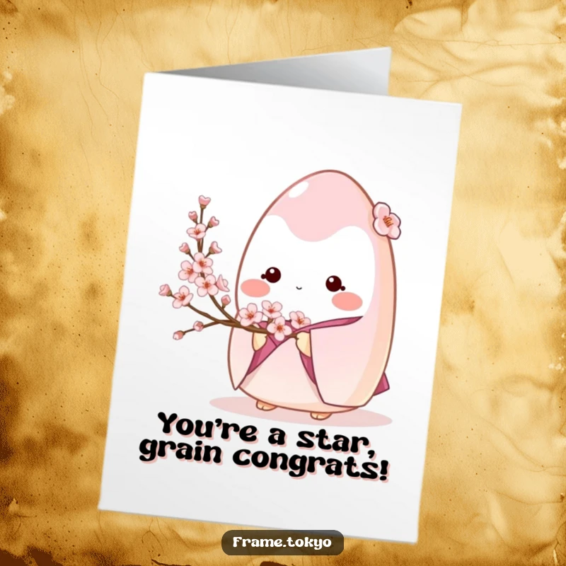 Funny Free Printable Onigiri Congratulations Card: Shy onigiri in a kimono holding a cherry blossom branch, celebrating your success.