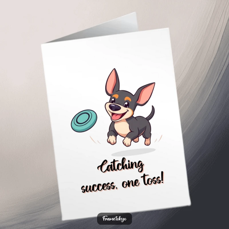 Funny Free Printable Pinscher Congratulations Card: A goofy Pinscher mid-leap, chasing a mini frisbee with a huge smile.