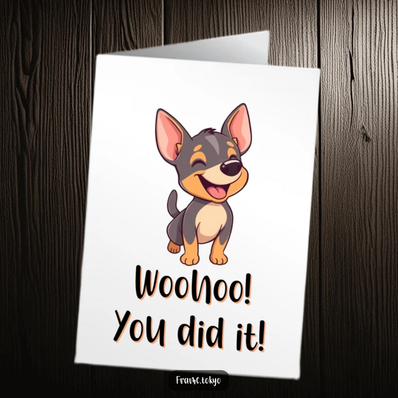 Funny Free Printable Pinscher Congratulations Card: A Pinscher happily barking with its tail a blur of motion.