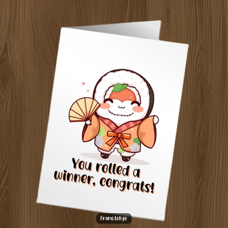 Funny Free Printable Sushi Congratulations Card: A cute sushi roll in a colorful kimono, excitedly waving a tiny fan to celebrate.