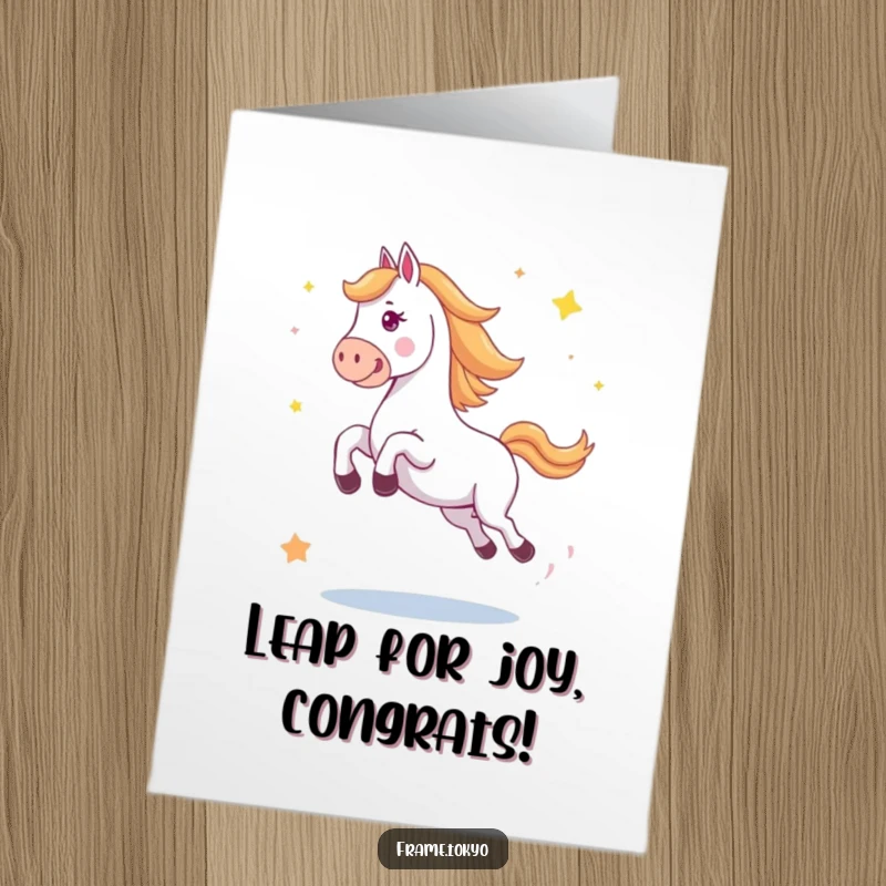 Funny Free Printable Congratulations Card: Horse captured mid-air in a joyful jump surrounded by scattered stars.